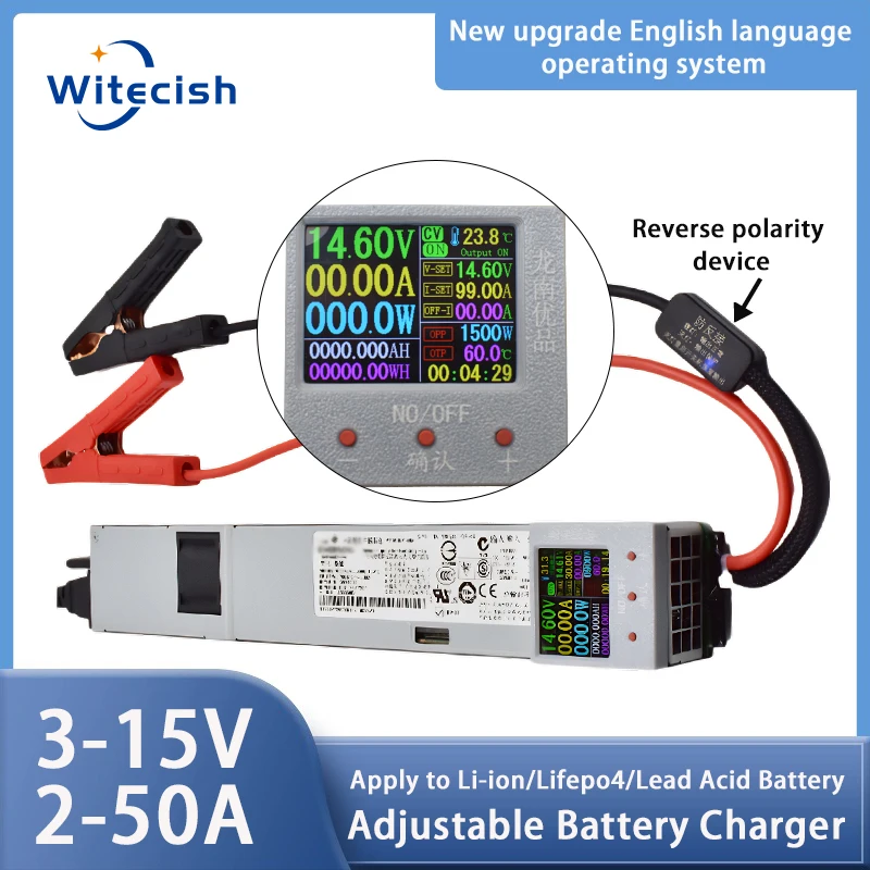 Adjustable charger for lithium-ion battery, 3-15v, 3-50a, 12v, 50a, 14.6 v, 50a, 12.6 v, 50a, 40a, 30a, 20a