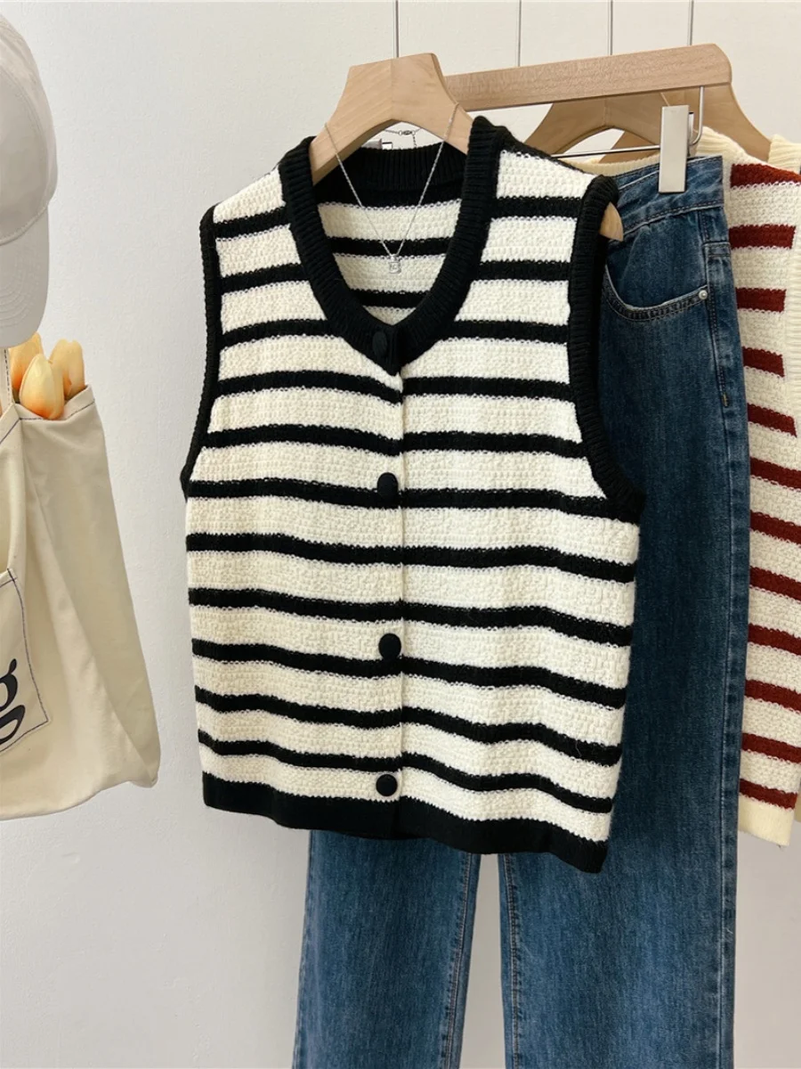 Striped Knitted Vest Sweater Women Autumn Winter Loose Elegant Single Breasted Cardigan Fashionable V-Neck Sleeveless Top Coat