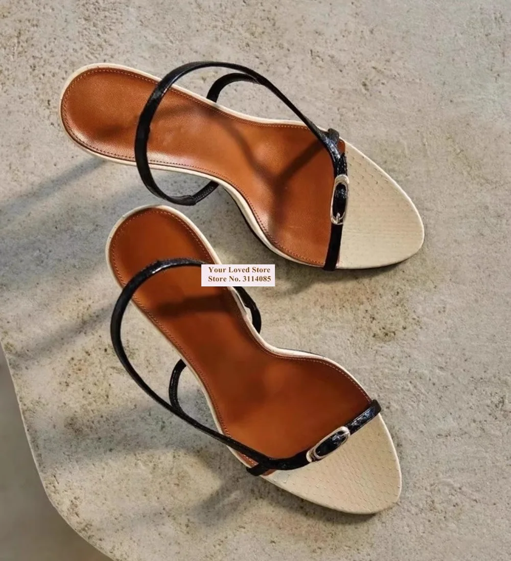 

Women Beige Black Snakeskin Color Patchwork Sandals Stiletto Heels Round Toe Buckle Strap Dress Shoes Slingback Python Shoes