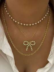 Peri'sbox Trendy Elegant Geometric Round Imitation Pearl Bowknot Pendant Necklace for Women Anti-Tarnish Stackable Daily Jewelry