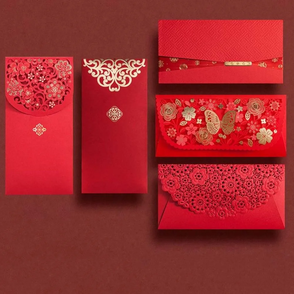 6pcs Laser Engraving Chinese Red Envelopes Rectangular Embossed Red Packet Hollow Three-dimensional Lucky Money Bag Marriage