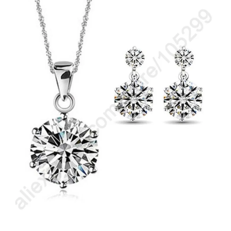 

Fine Jewelry Sets 925 Sterling Silver Classic Cubic Zirconia CZ Pendant Neckalce Stud Earring Set 6 Claws Nice Made