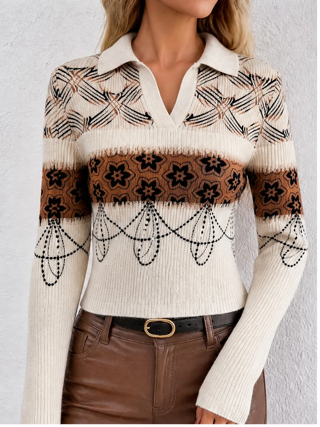 Sophisticated Womens Ribbed Knit Crop Top with Polo Collar V Neck Figure Flattering Long Sleeve Pullover for Cute Casual Styling