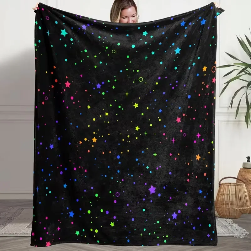 Neon Cloud Planet Moon Star Print Blanket Black Background Cute Outer Space Soft Blanket Bedroom Sofa Decor Nap Blanket