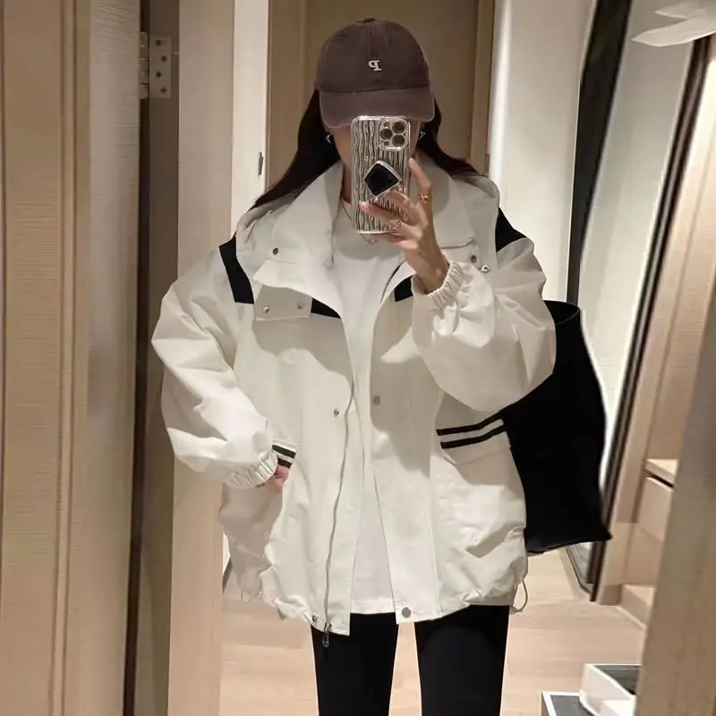 

Retro Windproof Waterproof Loose Jacket For Women 2025 New Color Blocked Spring And Autumn Casual Hooded Zipper Jacket