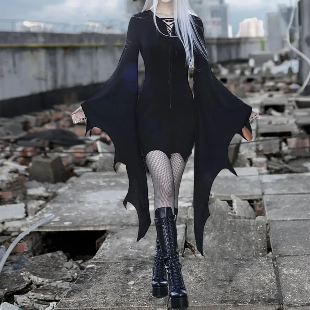 

Halloween Dress Long Batwing Sleeve Dark Style Lace Up Sheath Slim Fit Halloween Party Cosplay Costume