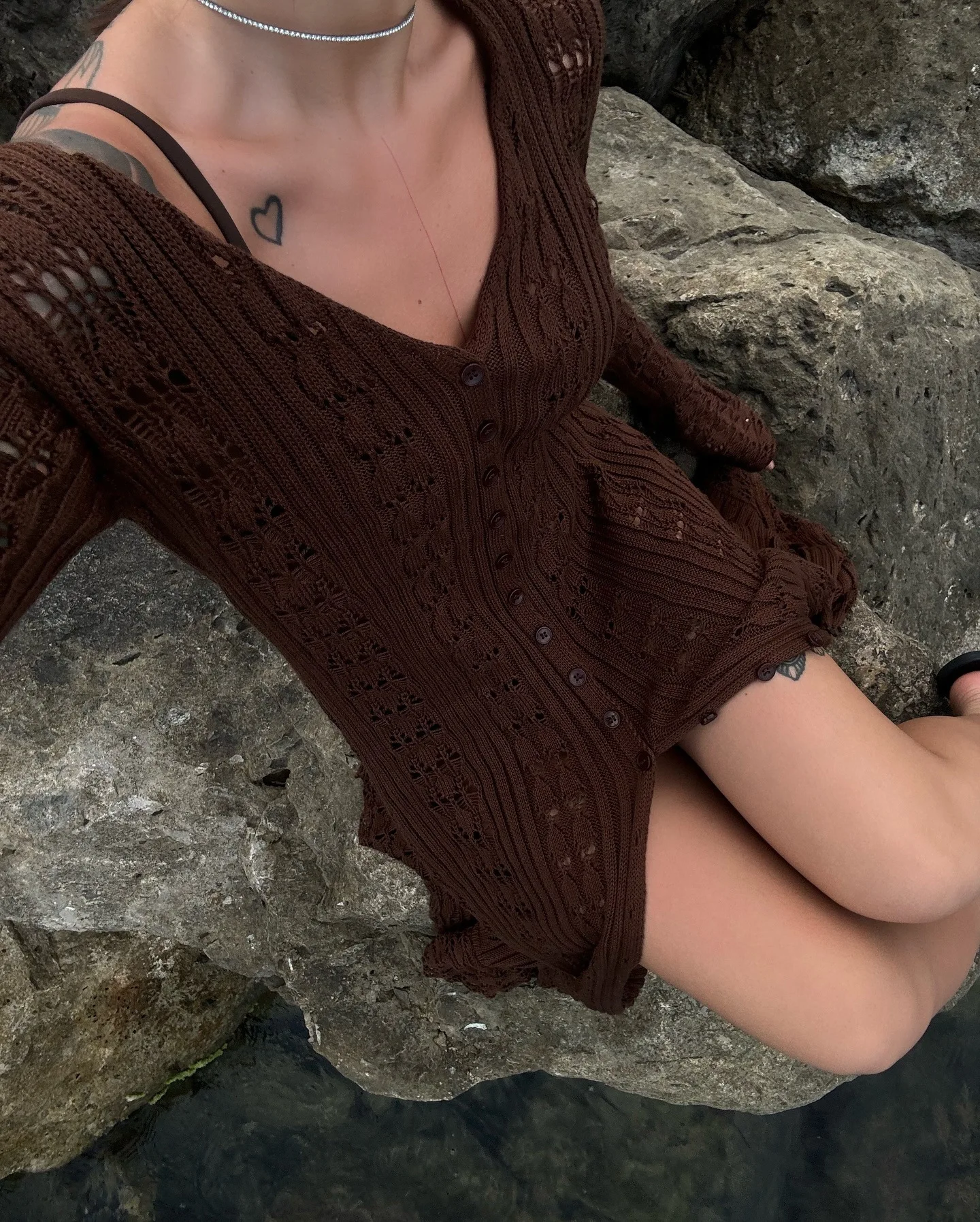 

DSMTRC 2025 Holiday Knitted See-throught Cardigan Dress V Neck Long Flare Sleeves Leisure Long Trendy Single Breasted Autumn