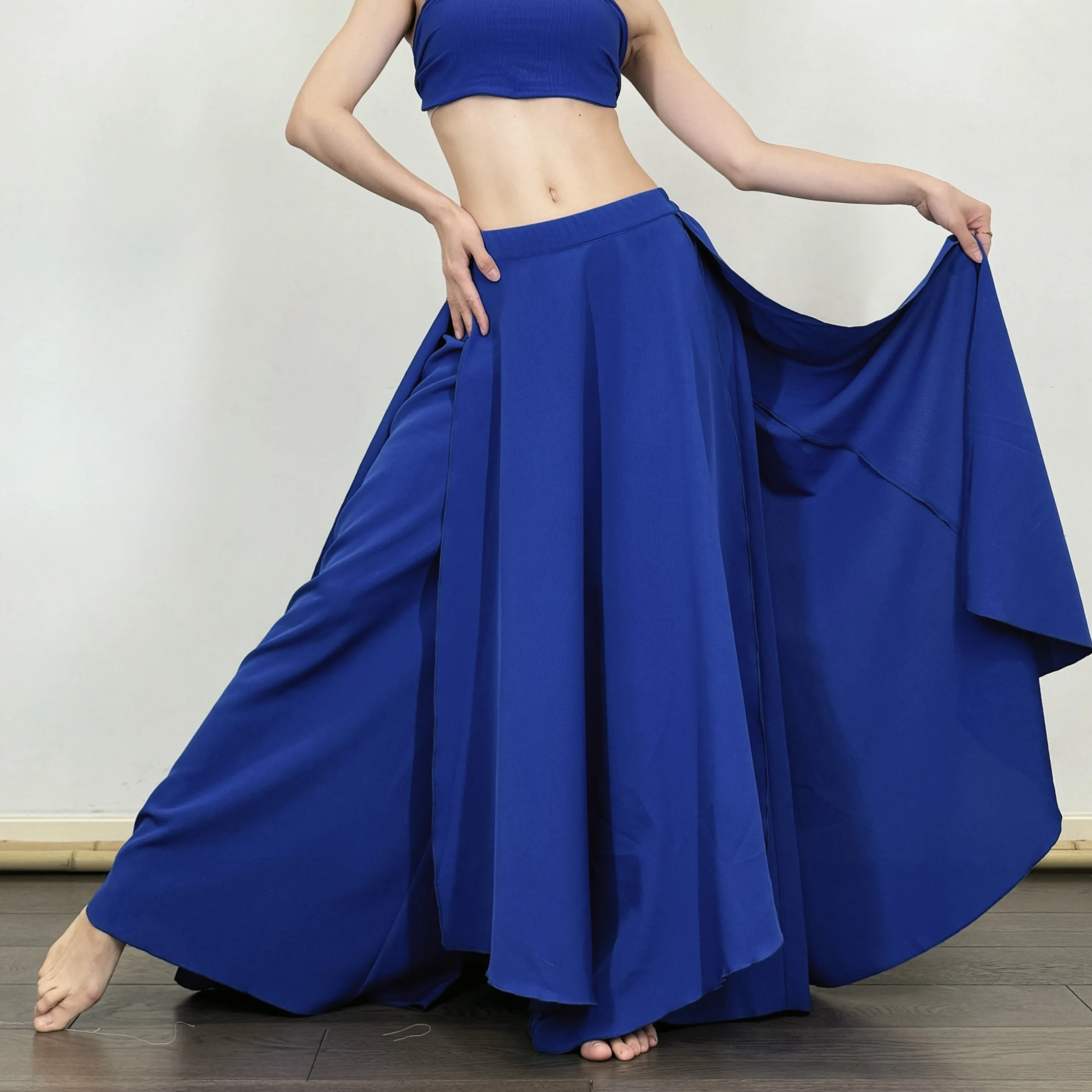 

Синий бархатный танцевальный костюм с широкими брюками и топом на бретелях, в этническом стиле, для женщин, сценический наряд