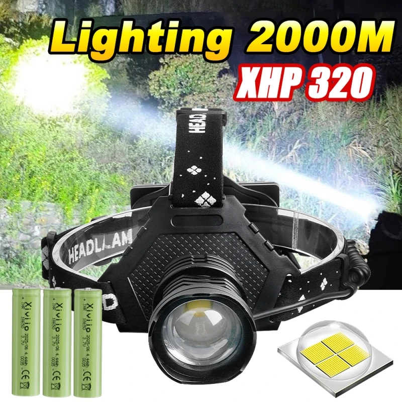 

Модернизированный светодиодный налобный фонарь XHP320, ультра яркий мощный налобный фонарик, перезаряжаемая через USB фара 18650, фонарь для рыбалки на открытом воздухе