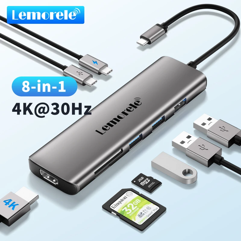 Lemorele 8-in-1 USB HUB USB 3.0 Hub to 4K HDMI Adapter Type C Docking Station 100W PD Multiport Adapter 4K HDMI SD/TF Ports