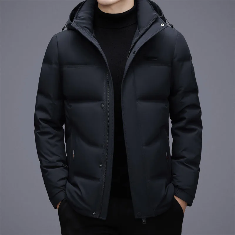 Winter men’s hooded down jacket made of white duck down, stylish short design, thick fabric, removable.