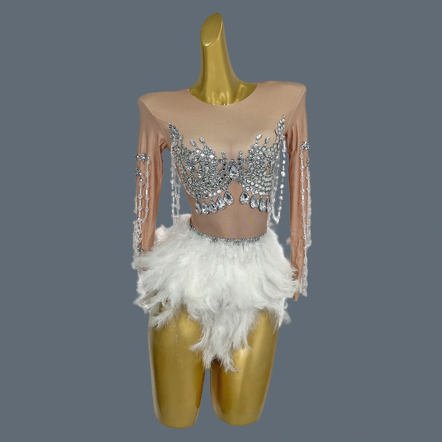 Sparkly Rhinestones Feathers Bodysuit Sexy Mini Dress Women Club Dancer Party Celebrate Performance Costume Stage Wear Maoshua