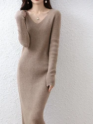 Dresses for Women V Neck Crochet Sexy Daring Woman Dress Cover Up Clothes Midi Bodycon Knee Length Solid Hot Designer Knitted