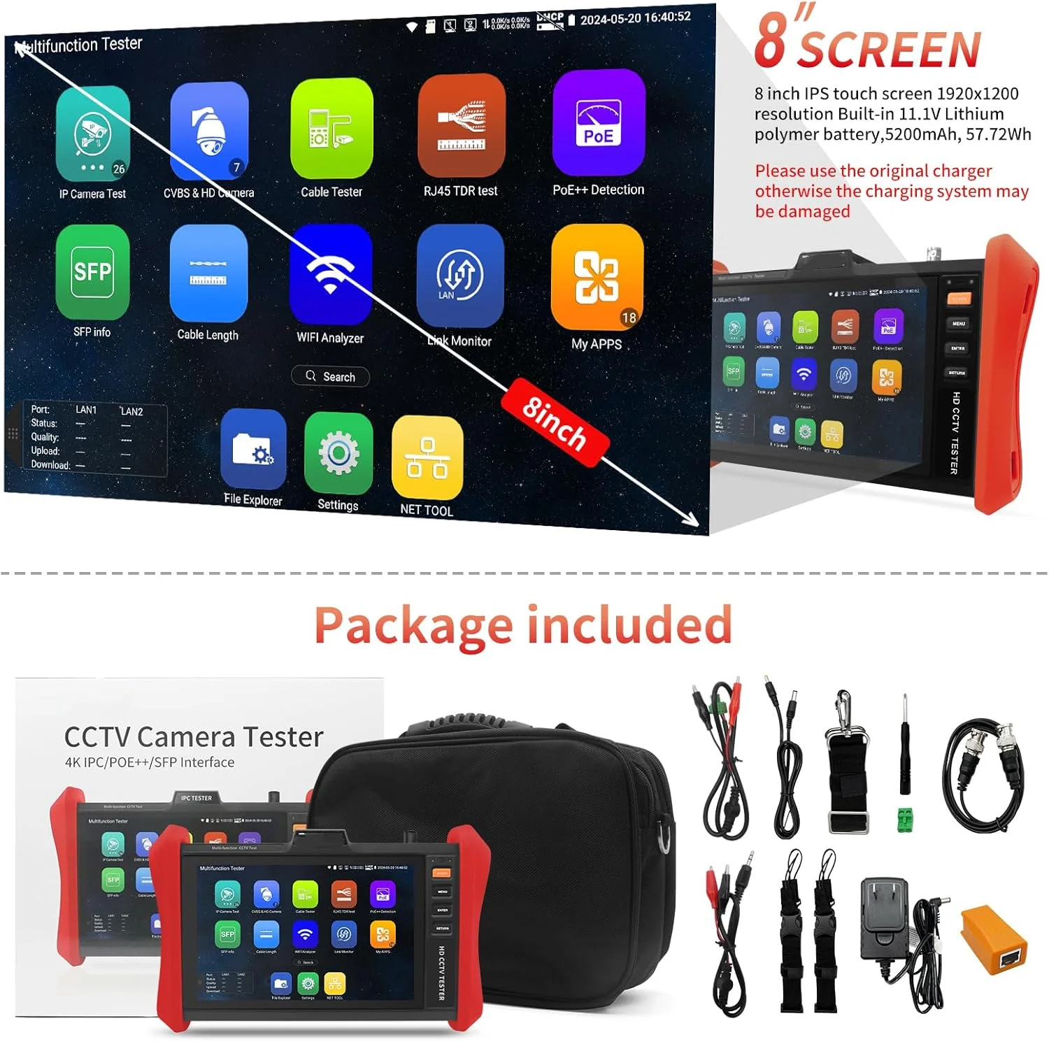 CCTV Tester 4K 12MP IP Camera Tester POE++ Max 90W POE Camera Test SFP Module WiFi Network Tools Cable Test POE Detection