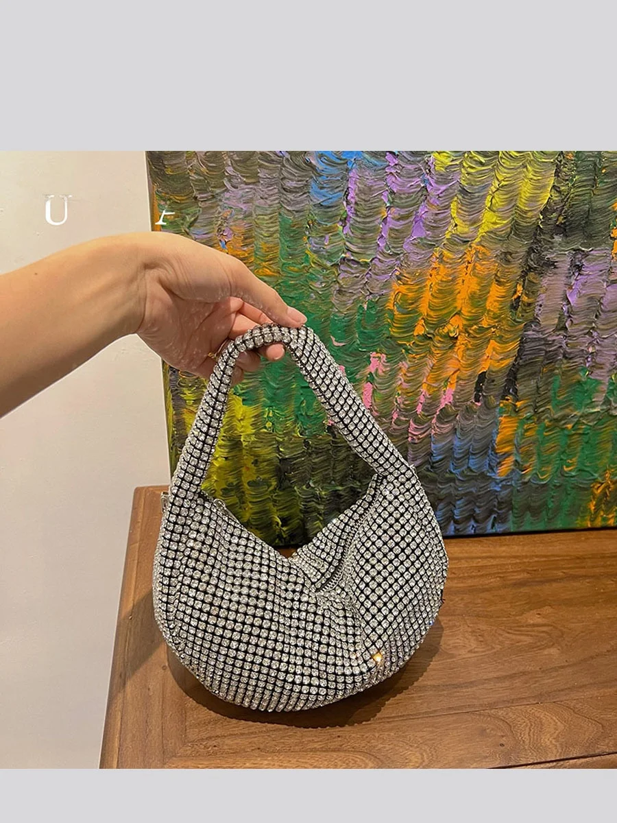 UGALS Diamond Encrusted Large Capacity Tote Bag Evening Bag Underarm Crossbody Pillow Shaped Shopping Bag for Young Women
