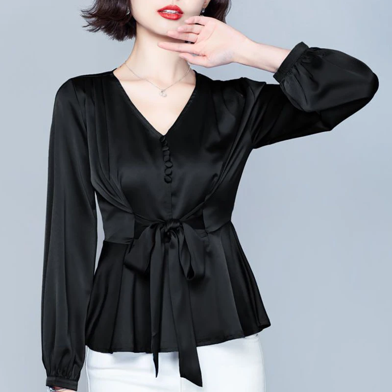 New Spring Autumn Women Fashion Elegant Lace Up Blouses Office Lady Casual V Neck Slim Shirts Black Long Sleeve Tops Blusa Mujer