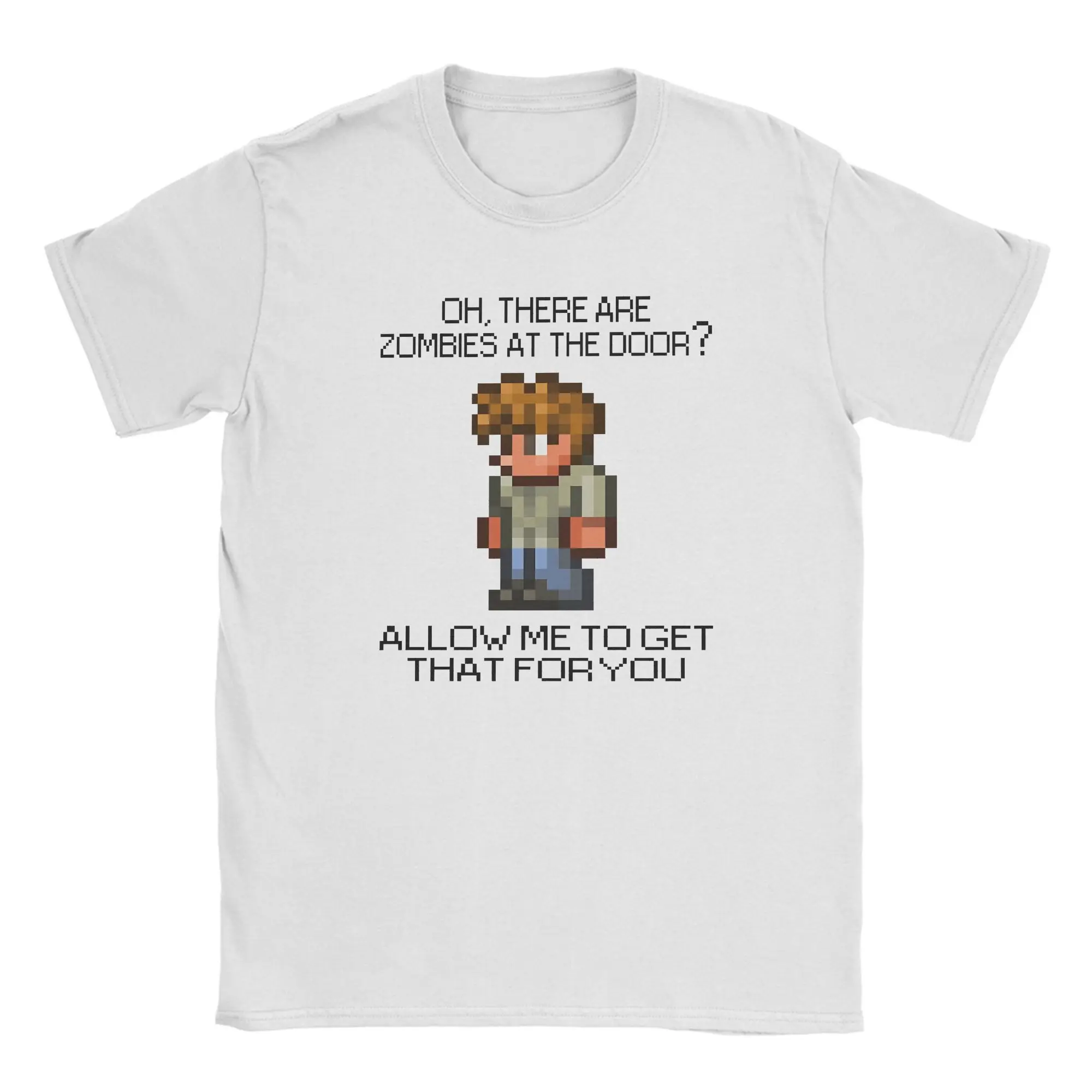 Camiseta de algodón 100% con personaje del juego Terraria, Oh There Are Zombies At The Dor, para hombre, camisetas de verano con cuello redondo, ropa en oferta.