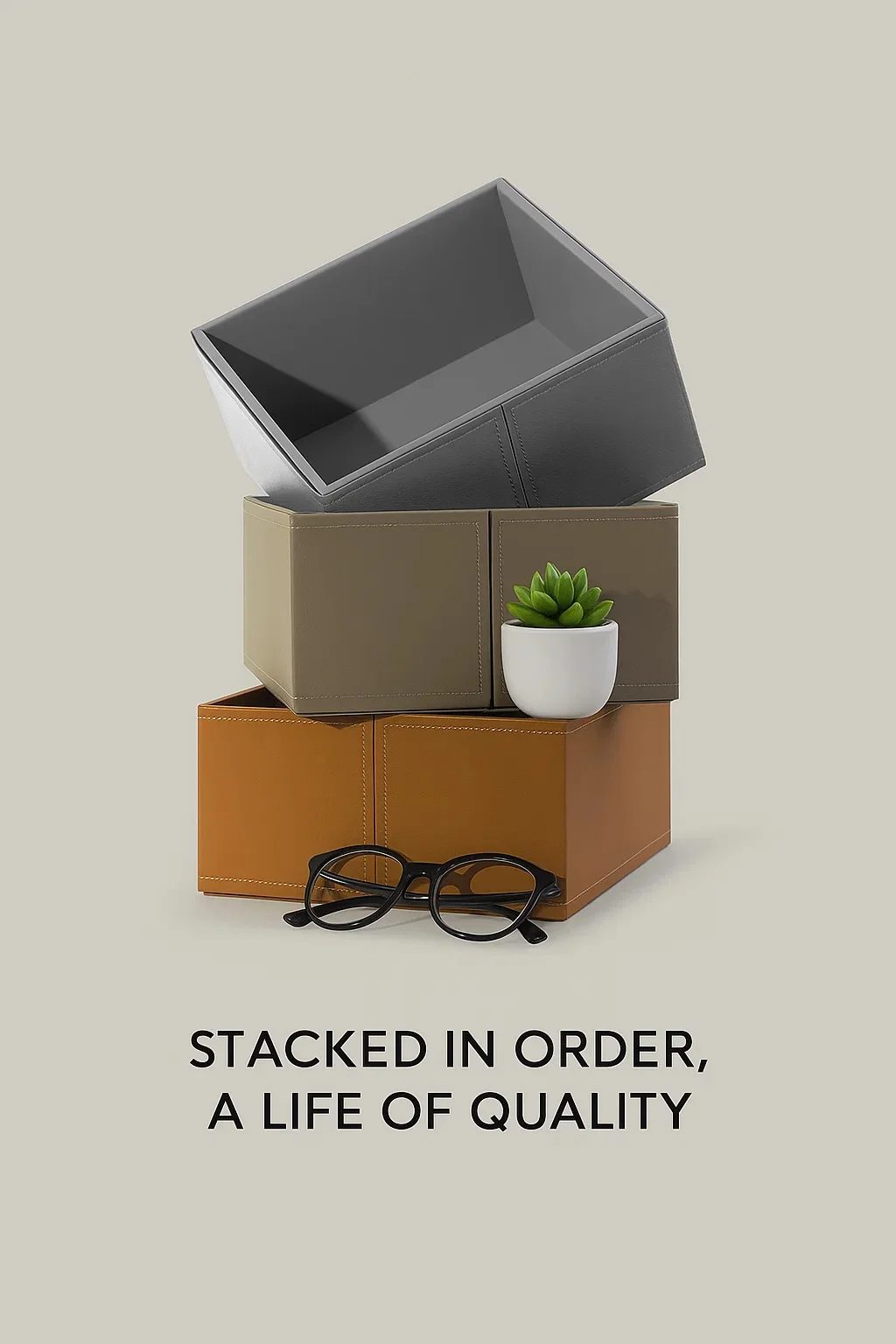 

Stackable PU Leather Storage Box, Foldable Desktop Organizer Bin for Office & Home, Minimalist Cube for Makeup Cosmetics Station