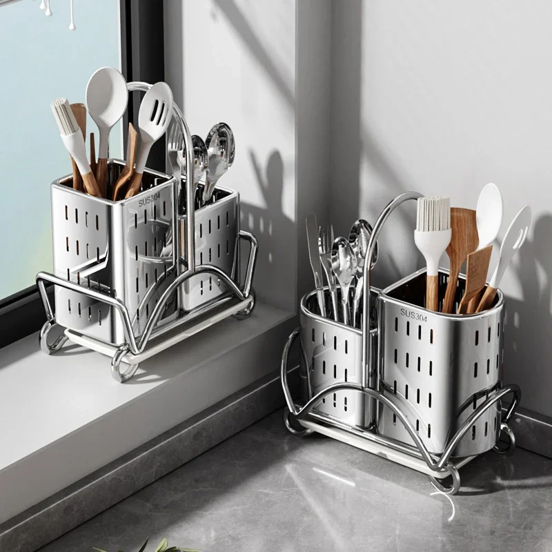 New Kitchen Countertop Utensils Holder,304 Stainless Steel Knives Spoon Forks Storage Organizer,Tool Container Rack Shelf,Stand