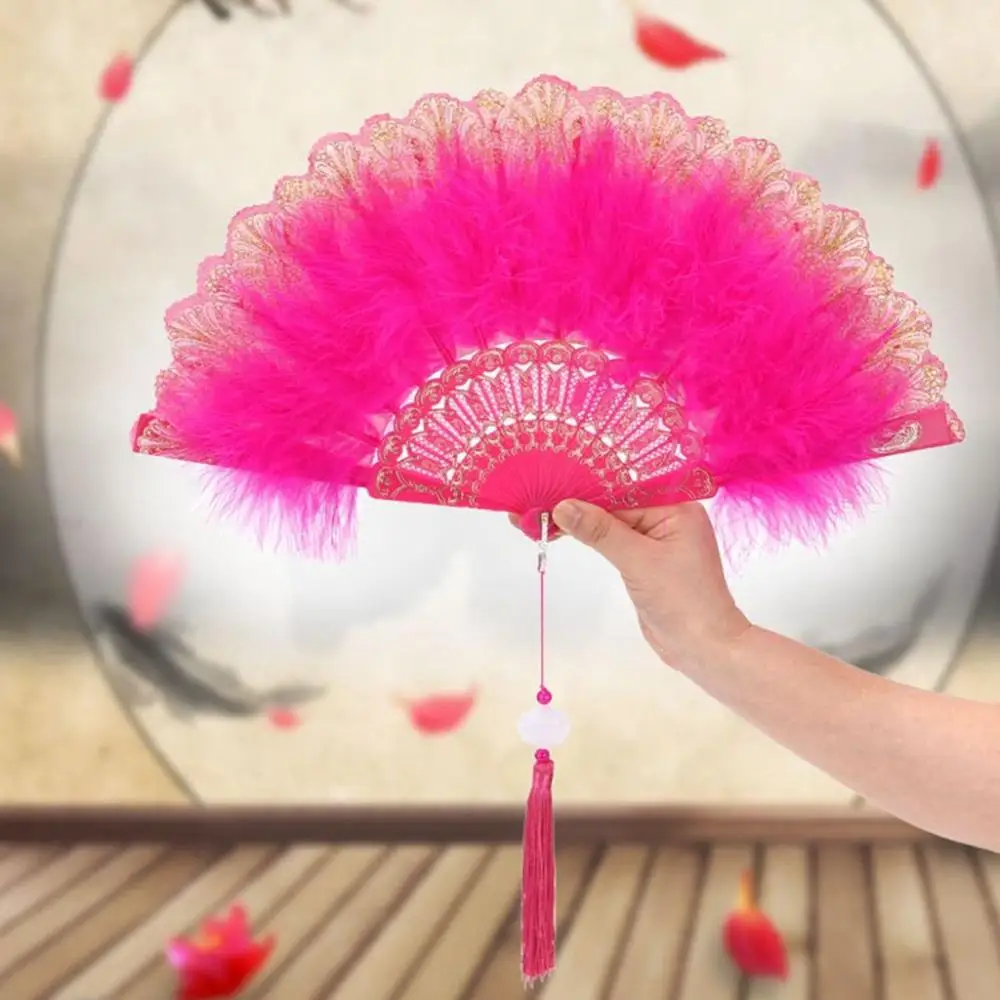 Vintage 1 pcs with Pendant Handmade for Lolita Costume Accessories Feather Folding Fan Party Decor Wedding Gift Dance Hand Fan
