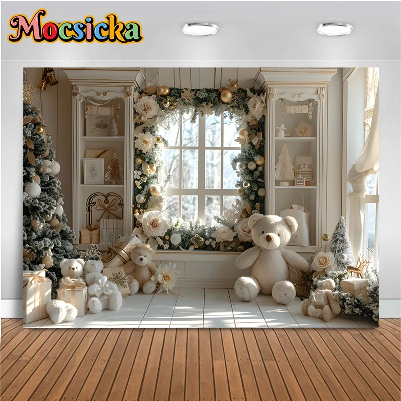 Christmas Beige Home Backdrop Photography Rose Bear White Wall Christmas Tree Birthday Baby Photo Background Shooting Photobooth