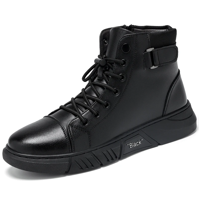 Ankle Boots Black PU Leather Men\'s Sports Shoes Autumn Winter Comfortable High-top Casual Fashion Platform Boots Man Round Head