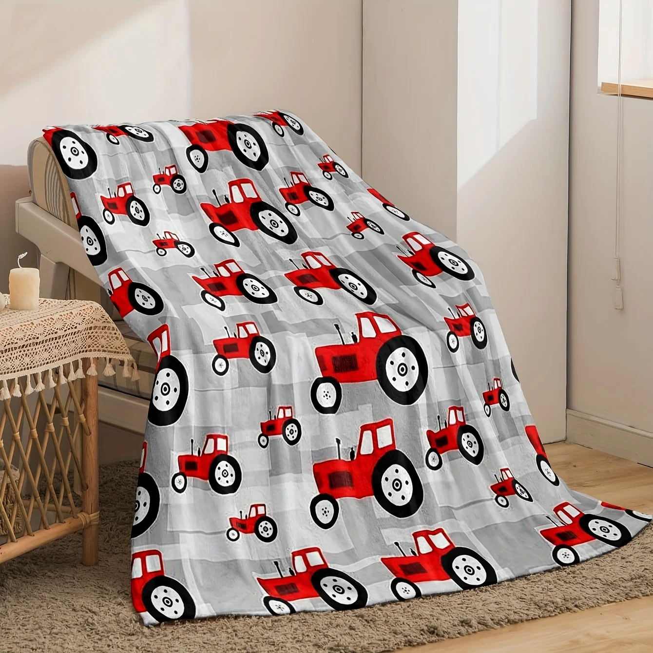 Soft & Cozy Red Tractor Print Flannel Throw Blanket - Lightweight, Anti-Pill Plush for, Sofa, Travel - Perfect Gift, All-Season