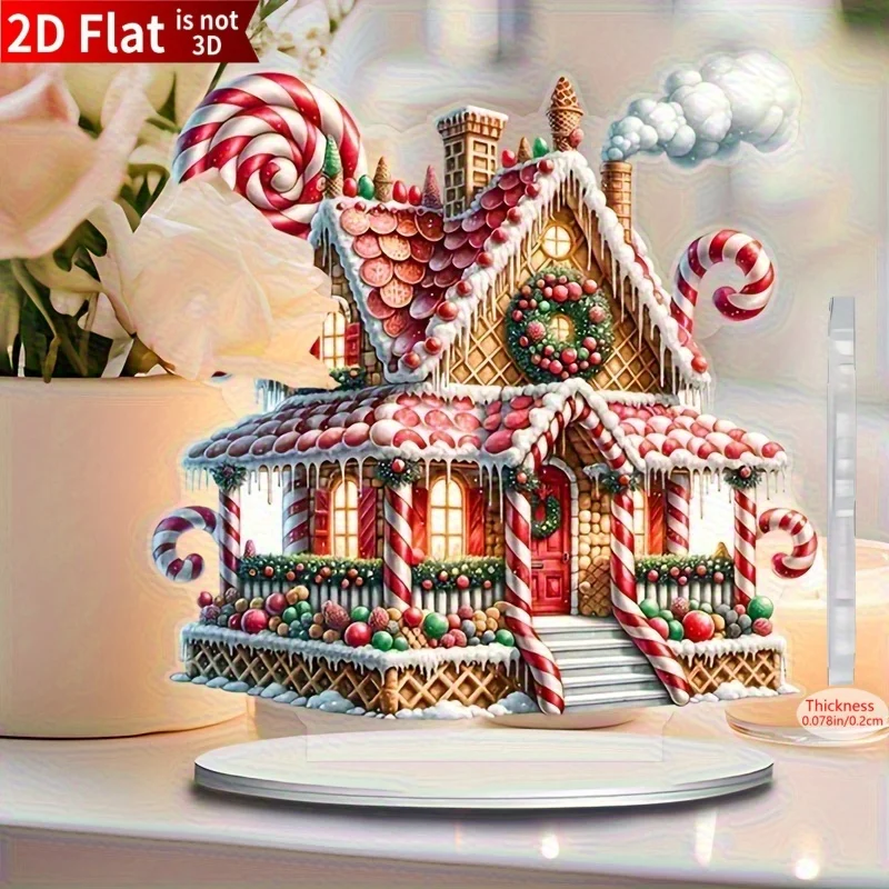 2D Flat Acrylic Christmas Gingerbread House Desktop Decoration, Includes Candy Cane, Icing Details, And Stand - Perfect Choice f
