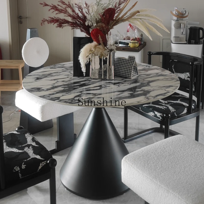 

French cream wind rock slab round table modern light luxury small apartment retro round dining table