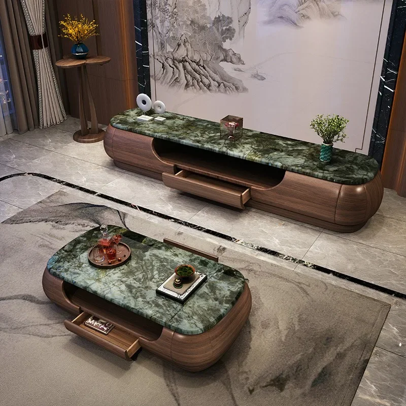 Ebony coffee table TV cabinet combination, high-end living room black walnut luxury stone solid wood floor cabinet