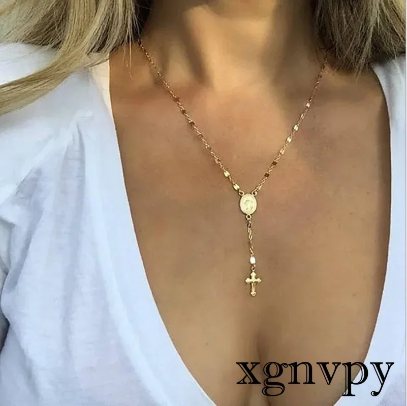 xgnvpy New Gold Silver Rose Color Cross Pendant Necklace Women Vintage Religious Rosary Long Chain Clavicle Jewelry 2023