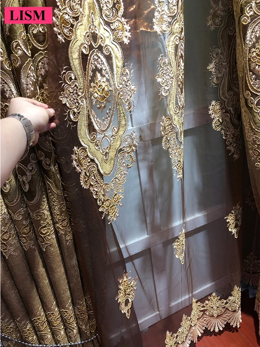 

New High-end European Luxurious Living Room Bedroom Chenille Luxury Embroidered Curtains Window Custom Brown Decor Tulle Valance