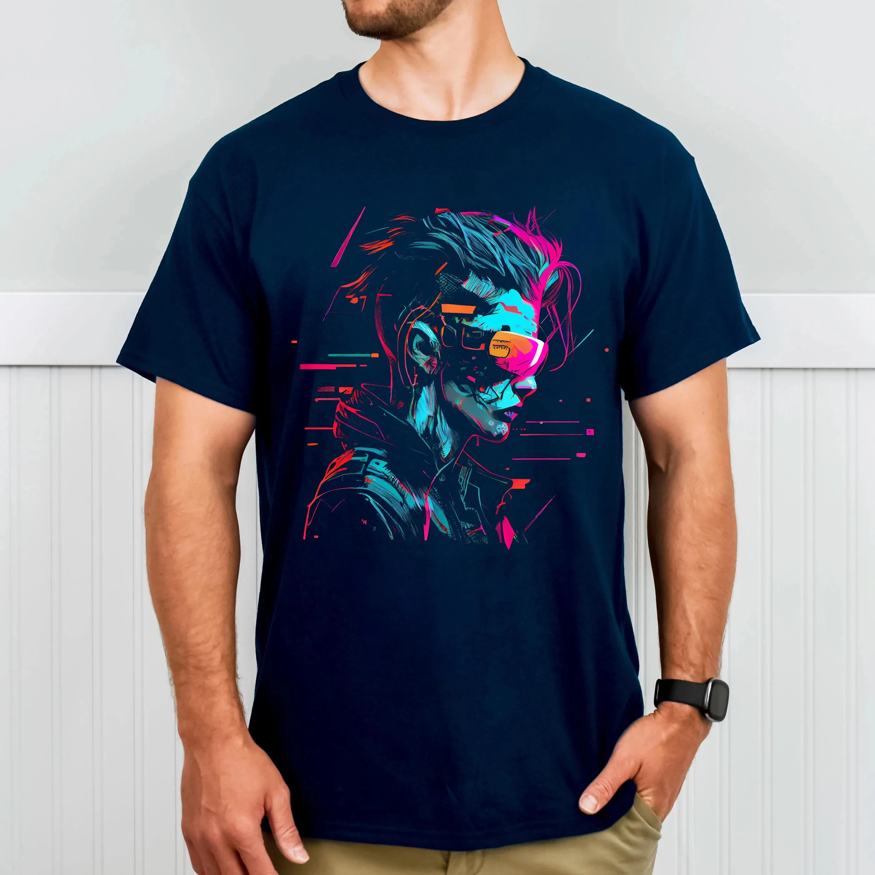 Cyberpunk Future T-Shirt neon portrait with glitch effect and tech vibe retro wave aesthetic for bold urban style Crewneck Shirt