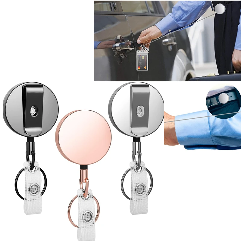 

4cm Recoil Belt Keychain Metal Zinc Alloy Badge Reel Black Silver Rose Gold Key Ring Clips for Working Permit Case Badge Reels