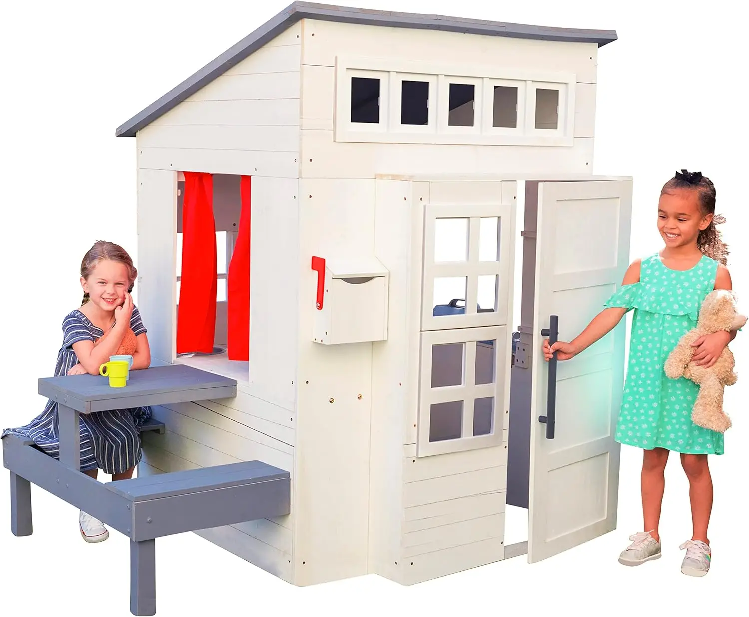 Modern Outdoor Wooden Playhouse with Picnic Table, Mailbox and Outdoor Grill, White