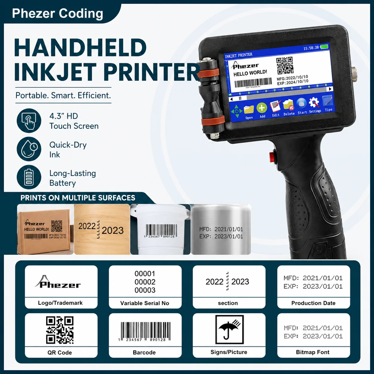 Phezer P16 12.7mm/25.4mm Handheld Inkjet Printer 28 Languages Batch Expiry Date QR Code Number Logo Expiry Label Coding Machine