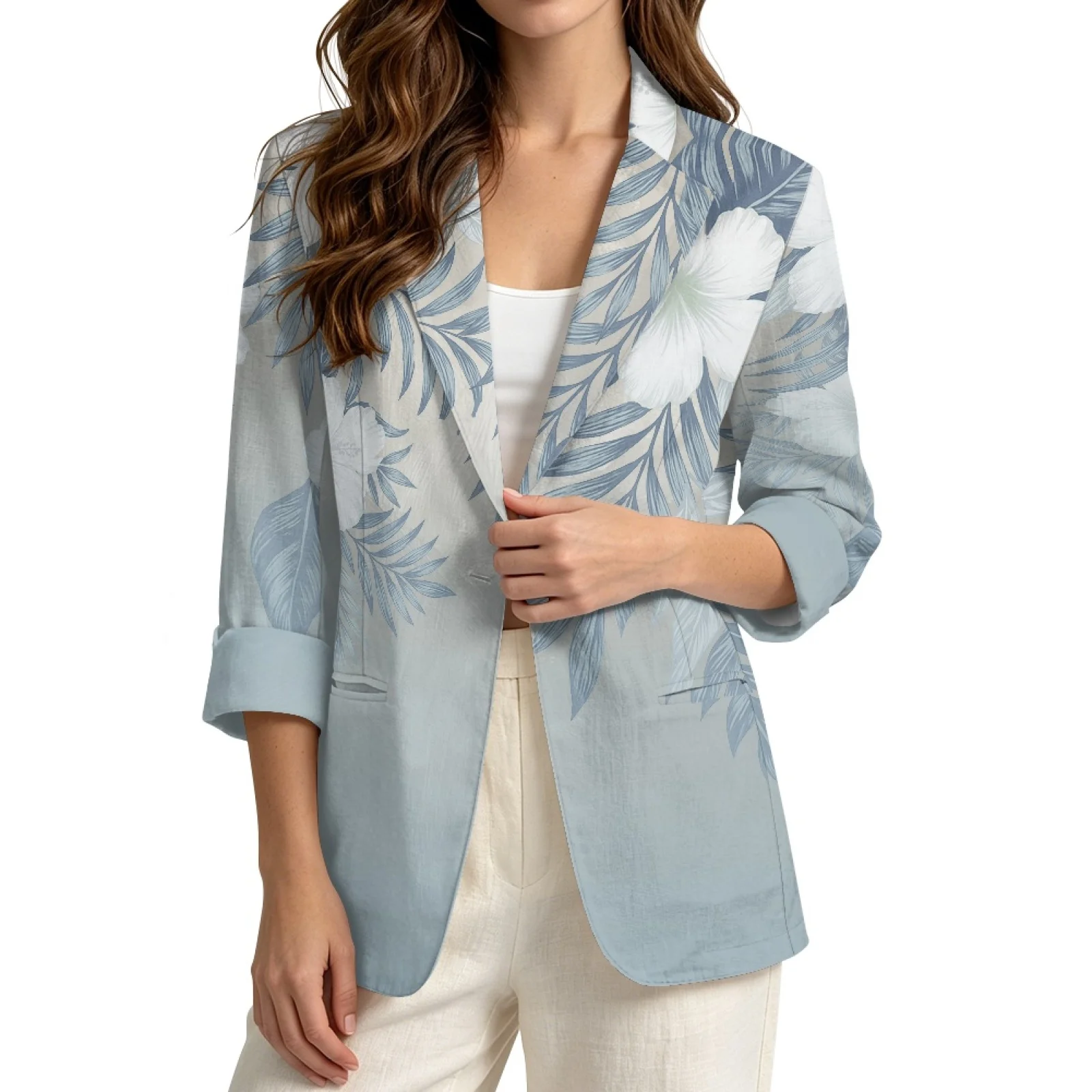 PENSTROLL Casual Linen Style Outerwear Open Front Open Front Button Cardigans for Beach Blue Tropical