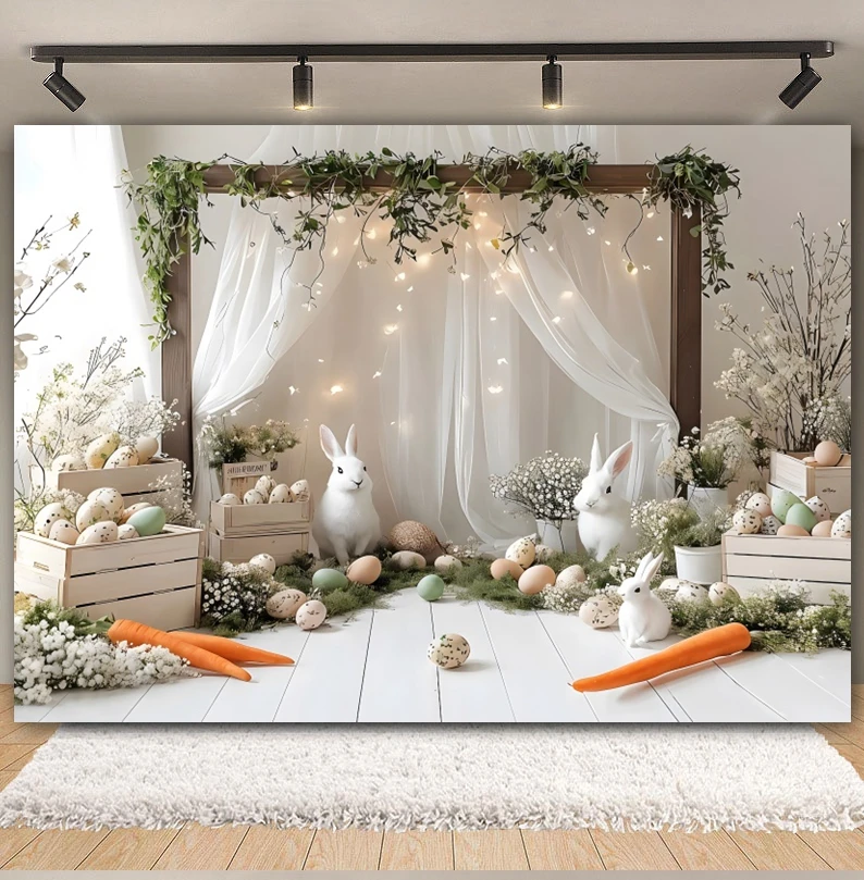 Spring Easter Backdrop for Photography Rabbit Eggs Carrots Boho Flower Tent Bunny Baby Shower Kids Portrait Photo Background