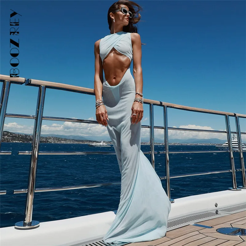 BoozRey Summer Blue Sexy See Through Waistless Maxi Dresses Evening Party For Women 2024 Sleeveless Hollow Out Elegant Vestidos