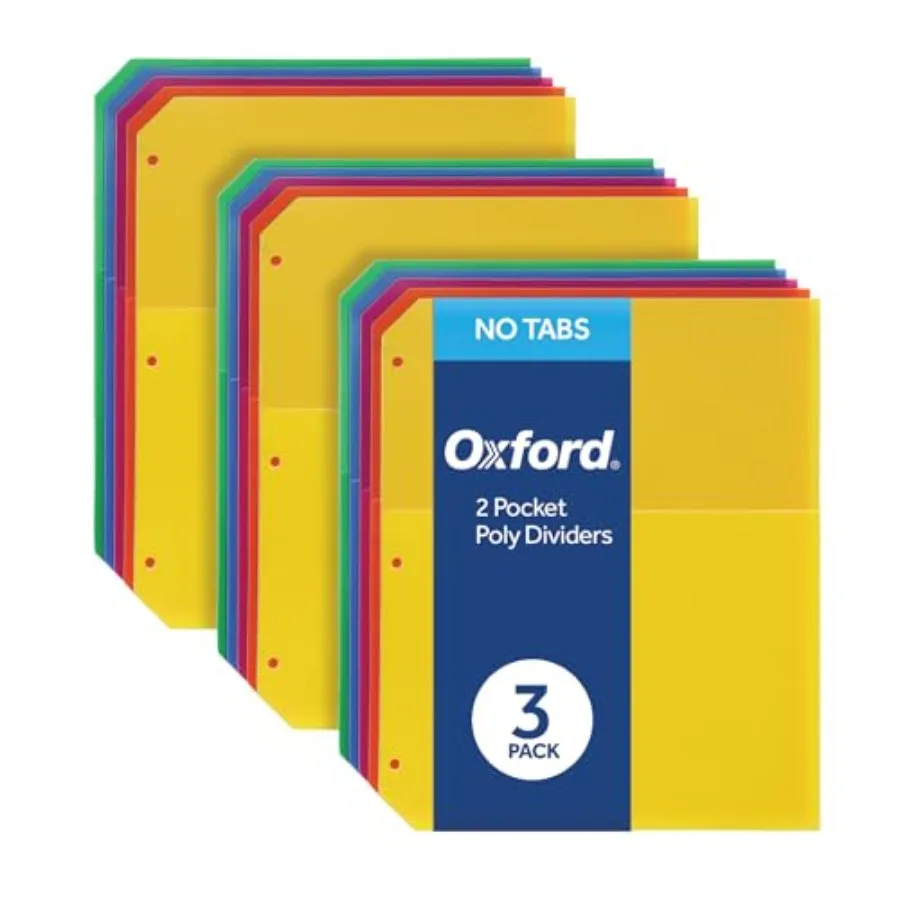

Poly Binder Dividers, Divider for 3 Ring Binder, Double Pocket, 3 Hole Punch Organizers, Colors, 5 Untabbed Non-Stick Organizer
