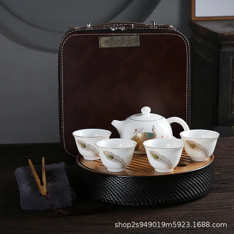 Tea Travel Bag Dry Brewing Tray Sheep Fat Jade Porcelain Bird Language Peacock Enamel Color Home Office Outdoor Travel Tea Set G