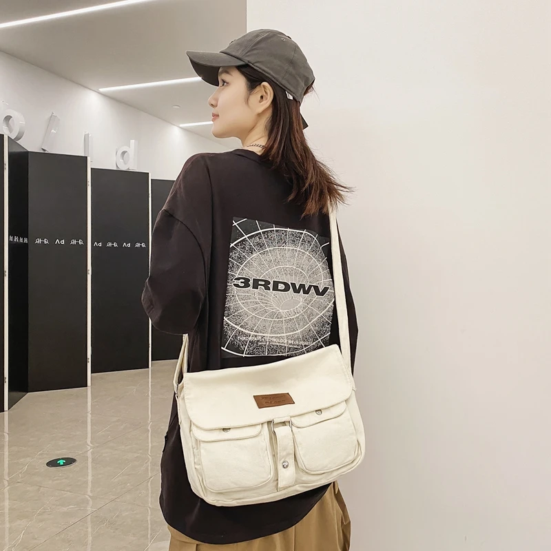 

Canvas Flap Women's Bag Large Messenger Bag Y2K Eco Bag Korean Shoulder Cross Bag Shopping Satchel Pockerts Student Handbags Ins