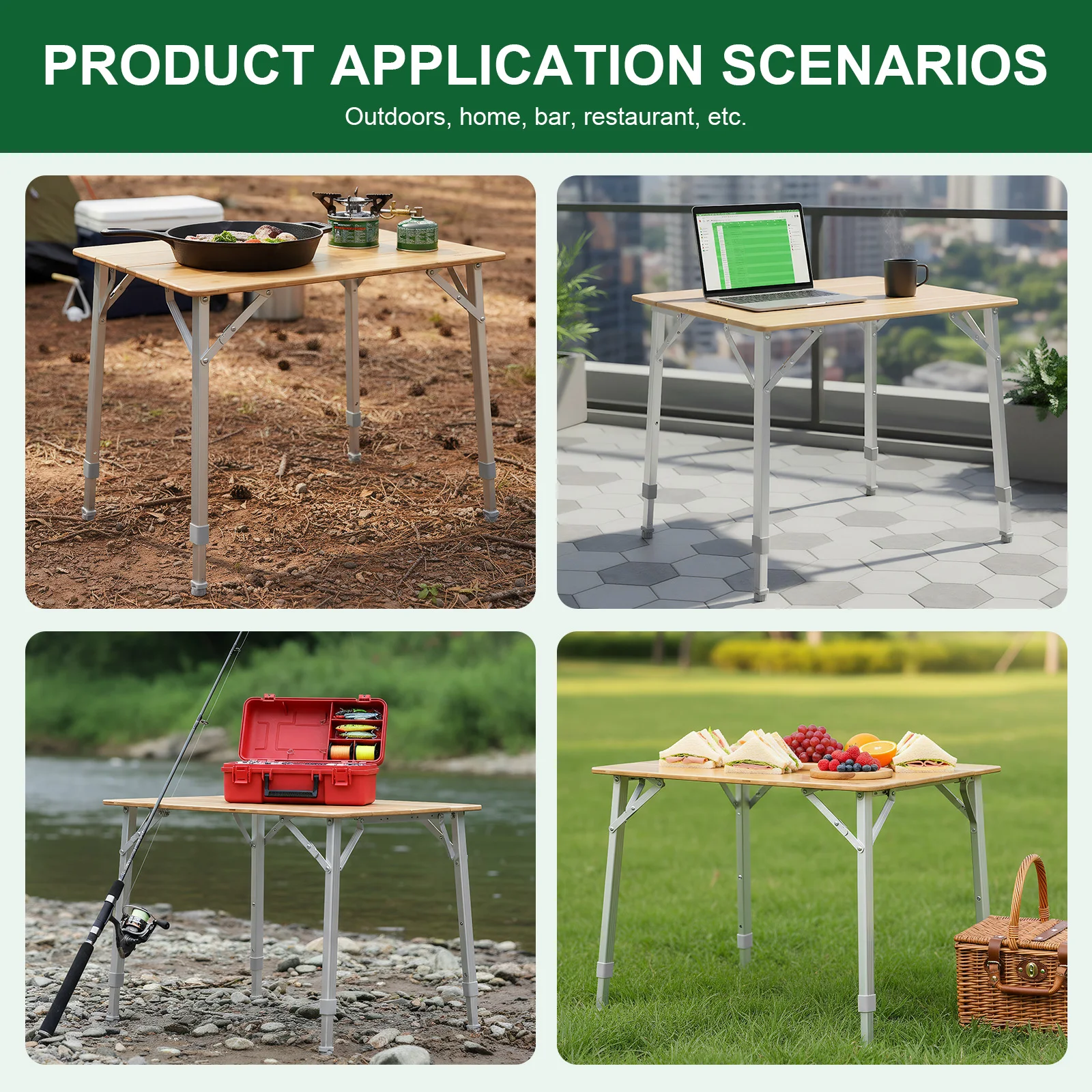 Camping Cooking Table - Adjustable Height Bamboo Folding Table with