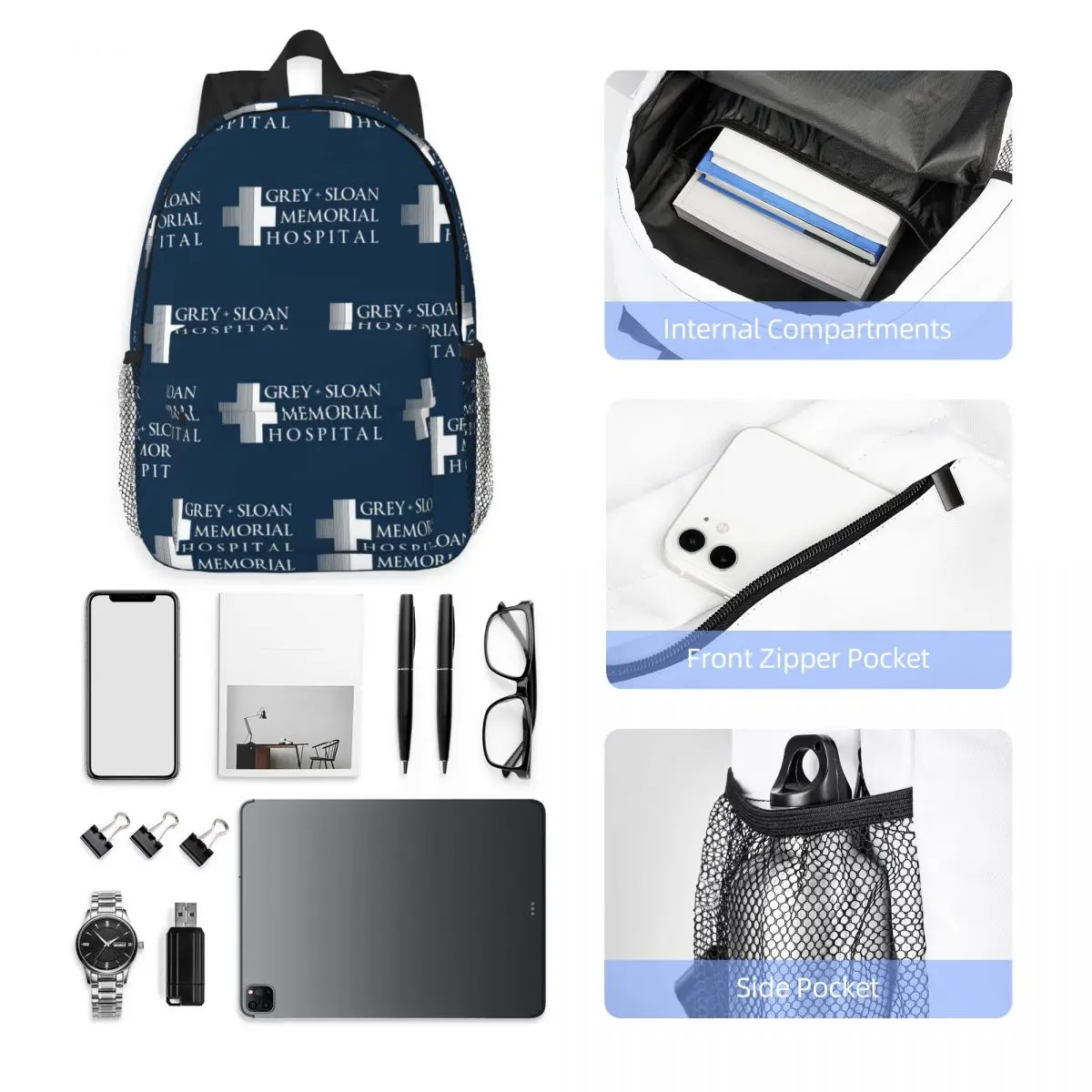 Grey + Sloan Memorial Hospital Logo White Print Backpack Hot Sale Daypack Large Capacity BookBag Shoulder Bags School Bag