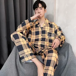 2024 New Spring Cotton Plaid Pajama Set For Men Long Sleeve Cardigan Trousers Homewear Big Size L-3XL Pjs Loungewear Homme