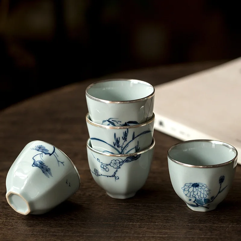 Antique Glaze Blue and White Hand-painted Silver Teacup Gongfu Tea Sets Small Master Cups Household Drinking Utensil Accessories