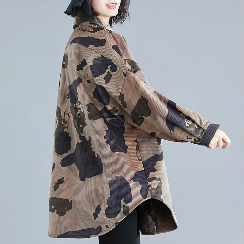 Johnature 2024 Fall Winter New Women Long Coats Korean Edition Camouflage Print Corduroy Pleece Thick Cotton Casual Jackets