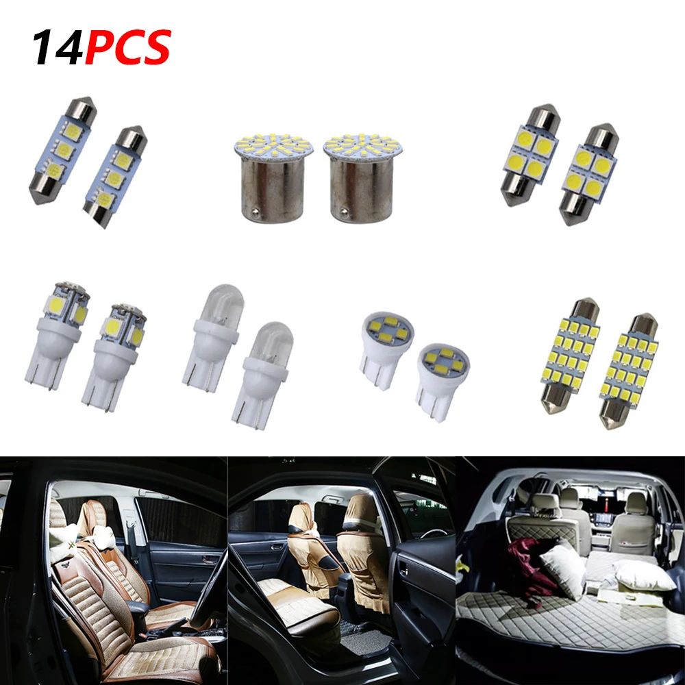 

14pcs Mixed Xenon T10 W5W Car Interior LED Light Dome Reading Lamp Trunk Tail Bulb Footwell License Plate Lamps Set Accessories