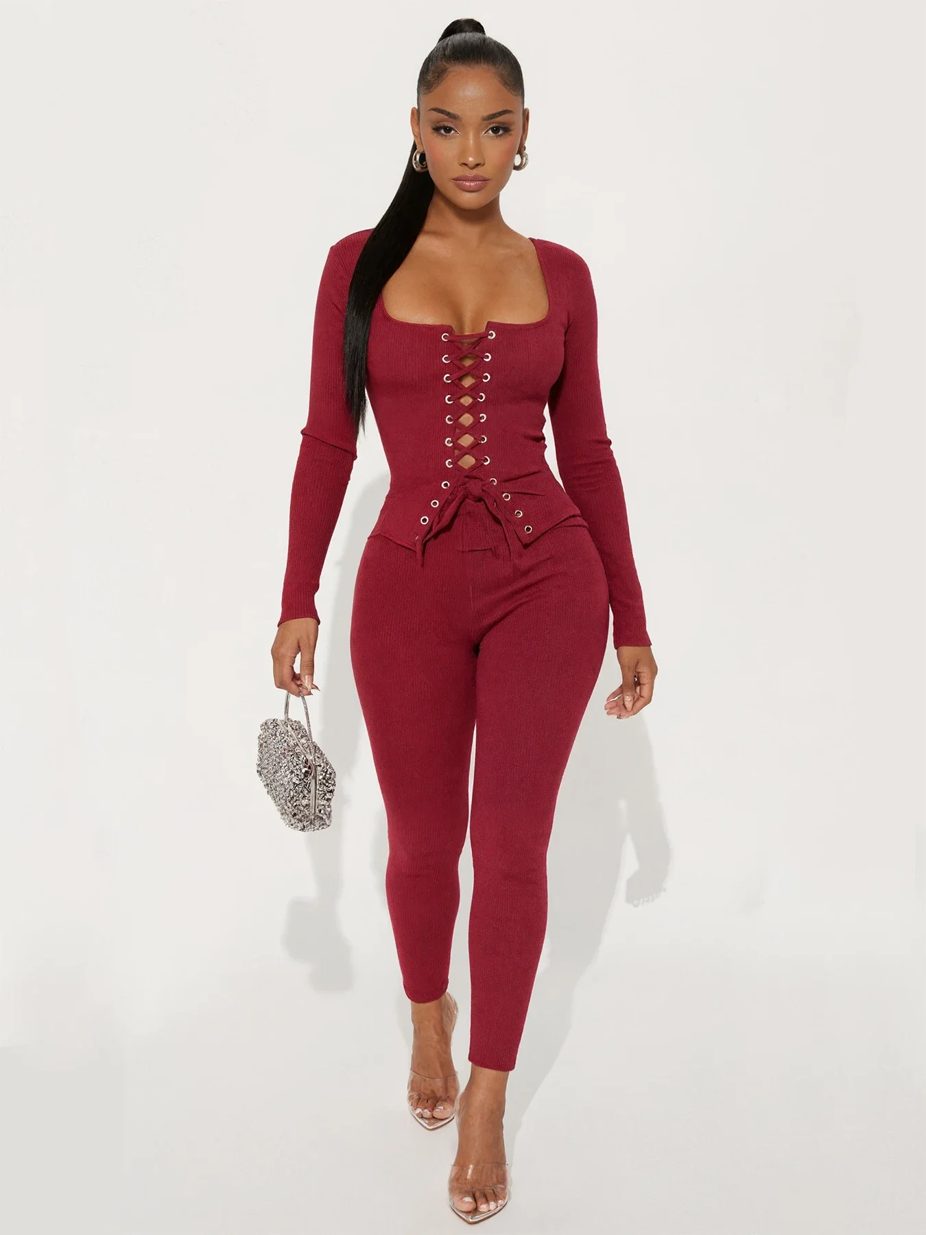 女性用シャーリングスクエアカラークロップトップ+パンツマッチングシンプルスポーティストレッチスリムアウトフィット奇妙なプッシュホットティートラックスーツ2ピースセット