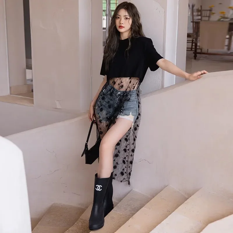 Verão 2025 nova moda vestido feminino paillette gaze bordado unido juntos preto gola redonda camiseta outerwear feminino